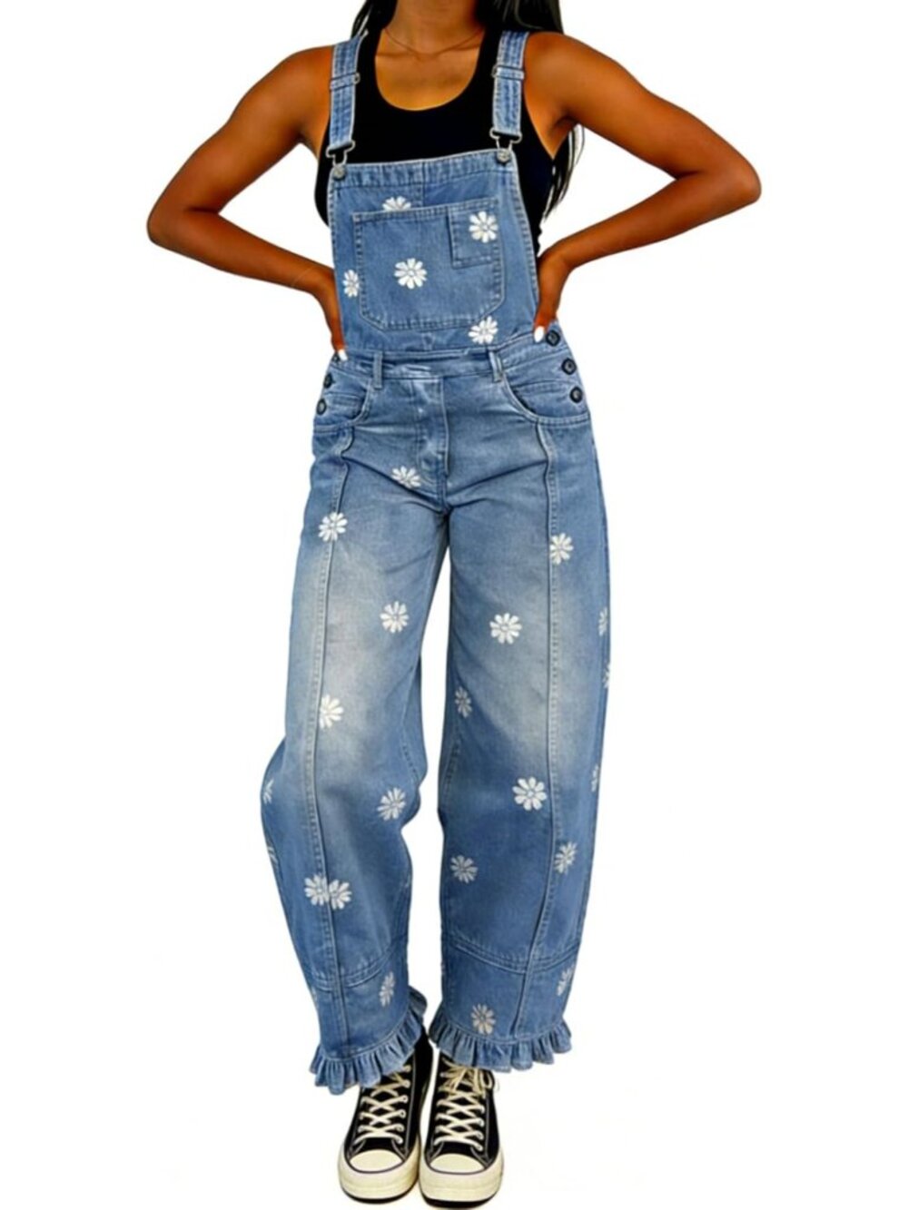Women's Blue Floral Denim Overalls Baggy Patchwork Barrel Jeans Jumpsuit Floral - Picture 5 of 7